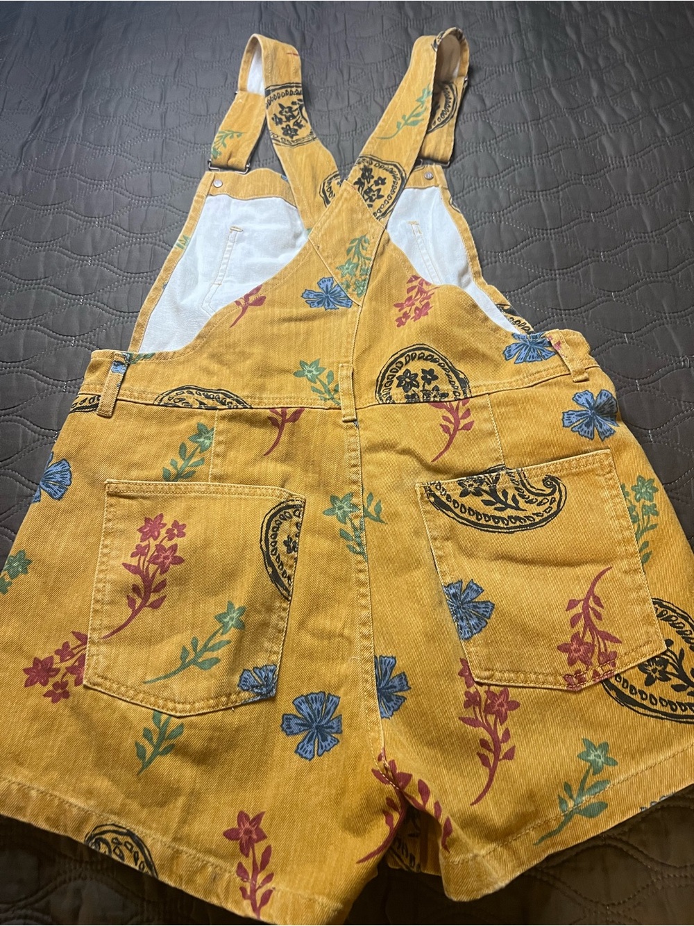 We The Free Mustard Yellow Floral Paisley Short Overalls - Picture 8 of 8
